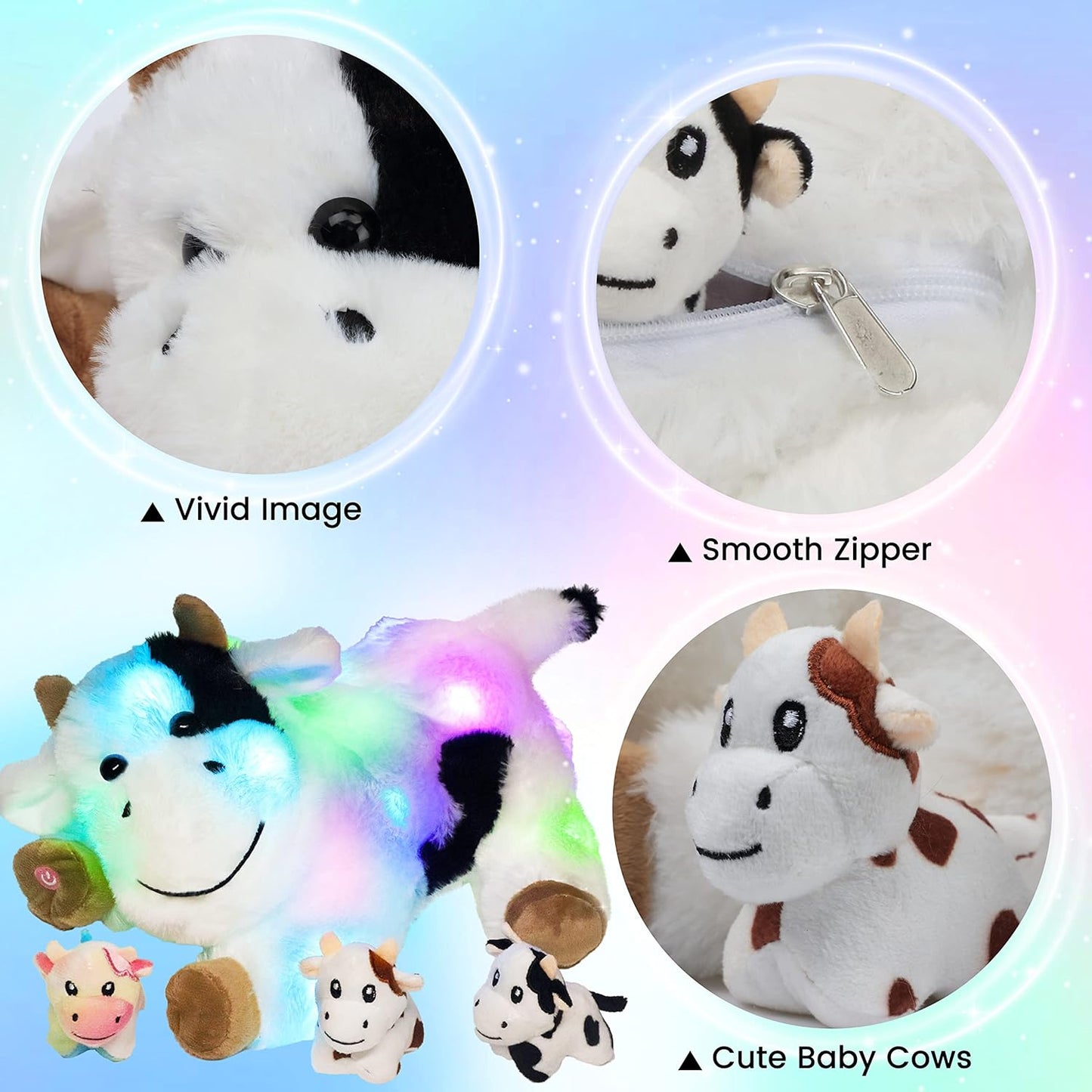 Hopearl LED Plush Cow Lighting Up Stuffed Mommy With 3 Baby Dairy Cows in Her Tummy - Floppy Animal Playset Night Lights Glow in The Dark for Mom Toddlers, 15''