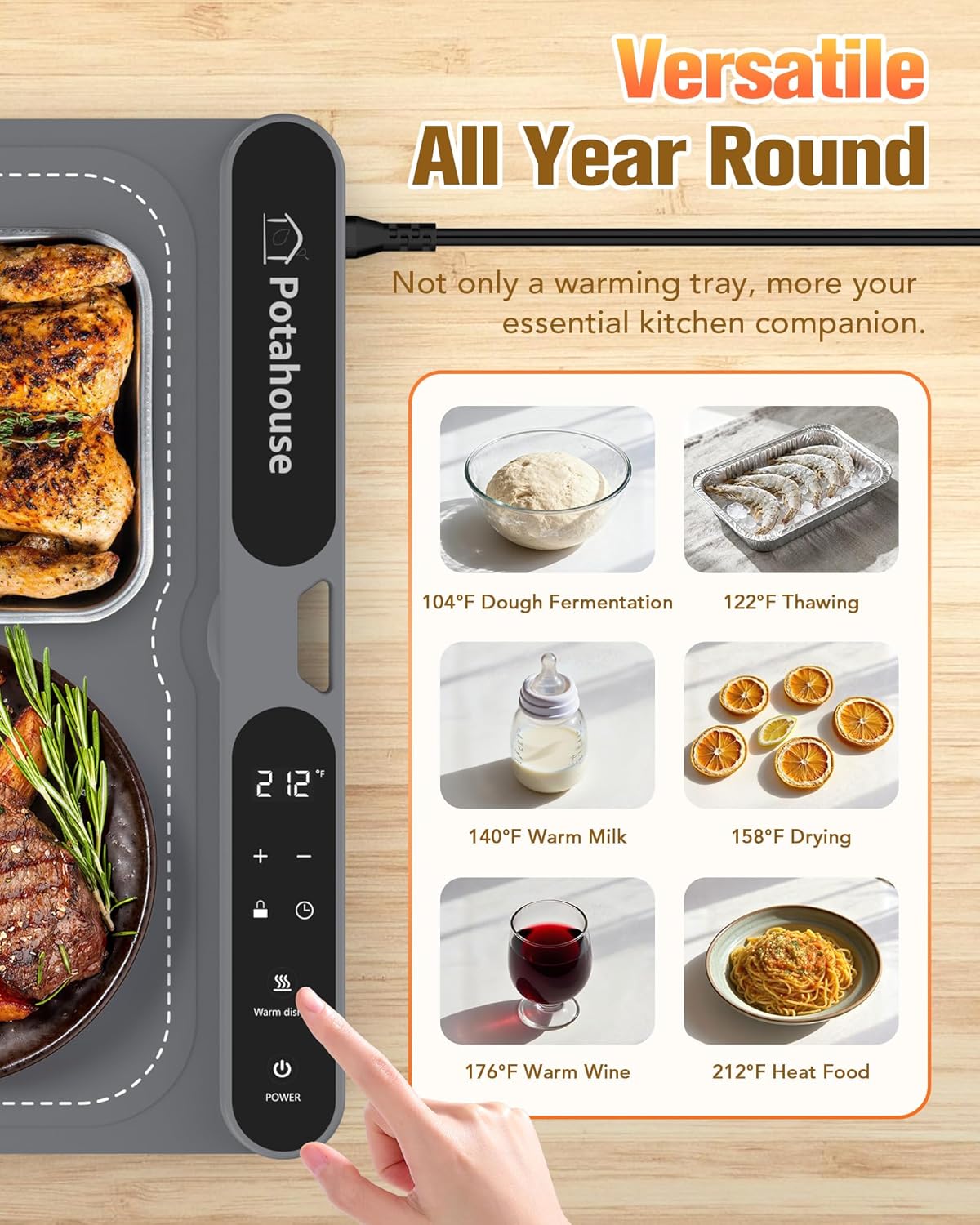 Potahouse® Food Warming Mat Extra Large 40"x15" 550W,Electric Warming Tray with 7 Temp 8 Timer Settings,Rollable & Portable Food Warmer for Parties,Buffet,Home and Travel Use