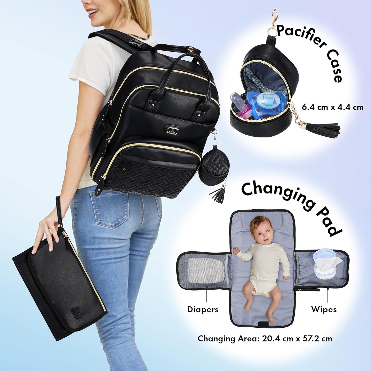 Dikaslon Leather Diaper Bag Backpack with Portable Changing Pad, Pacifier Case and Stroller Straps, Large Unisex Baby Bags for Boys Girls, Multipurpose Travel Back Pack for Moms Dads, Black
