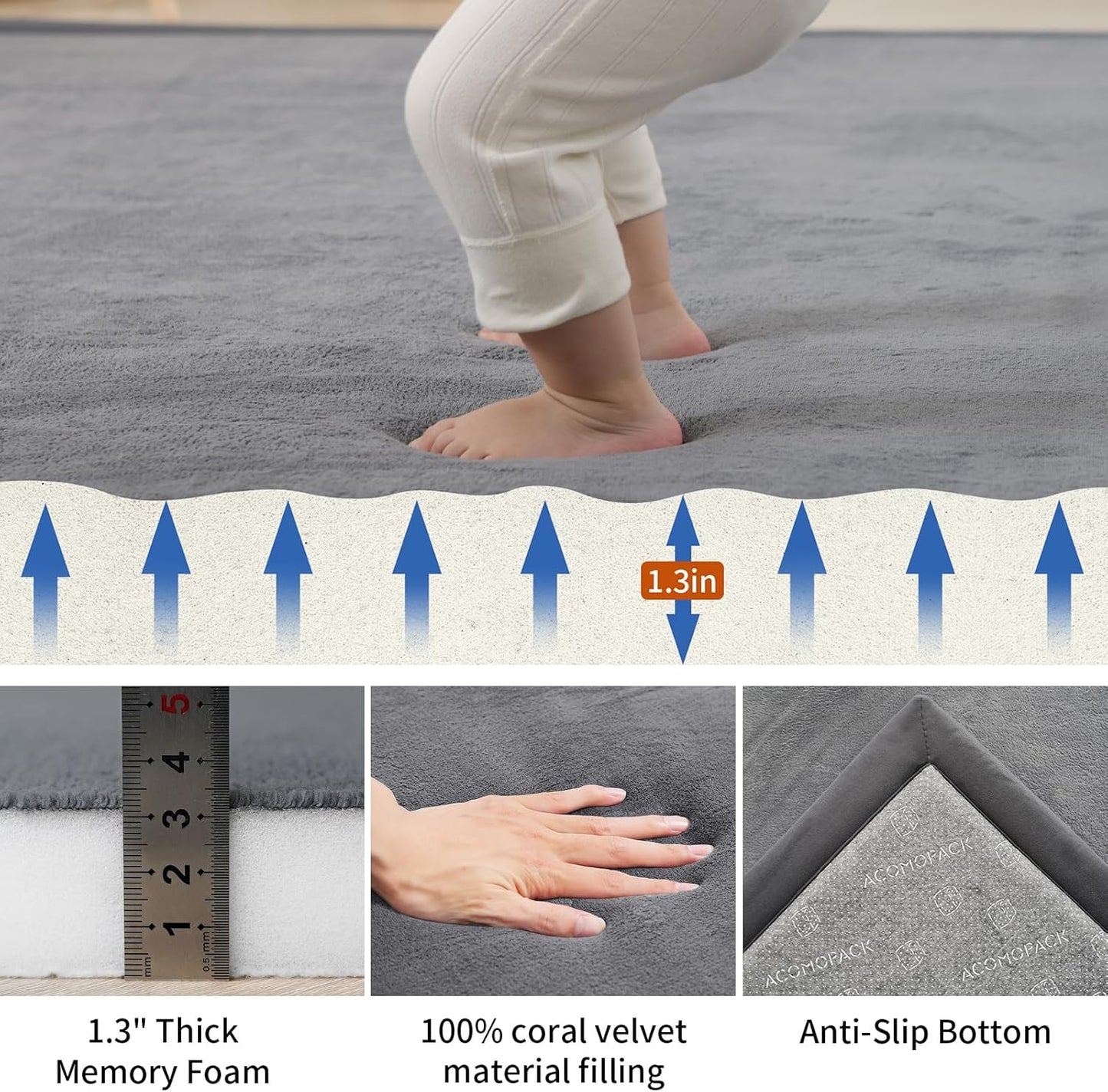 ACOMOPACK Baby Play Mat Area Rug for Living Room 1.3" Thick Memory Foam 59"×71" Dark Grey- Non-Slip Bottom for Kid, Toddler, Tummy Time Crawling Mat for Floor, Soft Velvet Nursery Rugs, Yoga