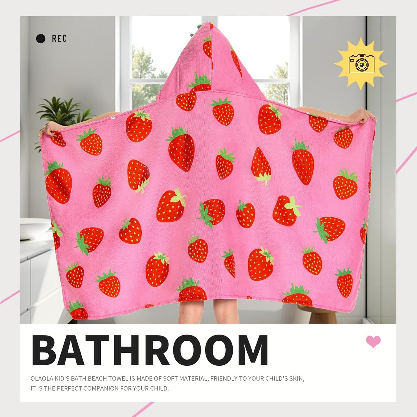 OLAOLA Strawberry Hooded Towel for Kids 3-12 Years, 28" x 53" Soft Thick Absorbent Beach Towels, Toddler Bath Towel Wrap Swim Pool Towels Poncho for Boys Girls
