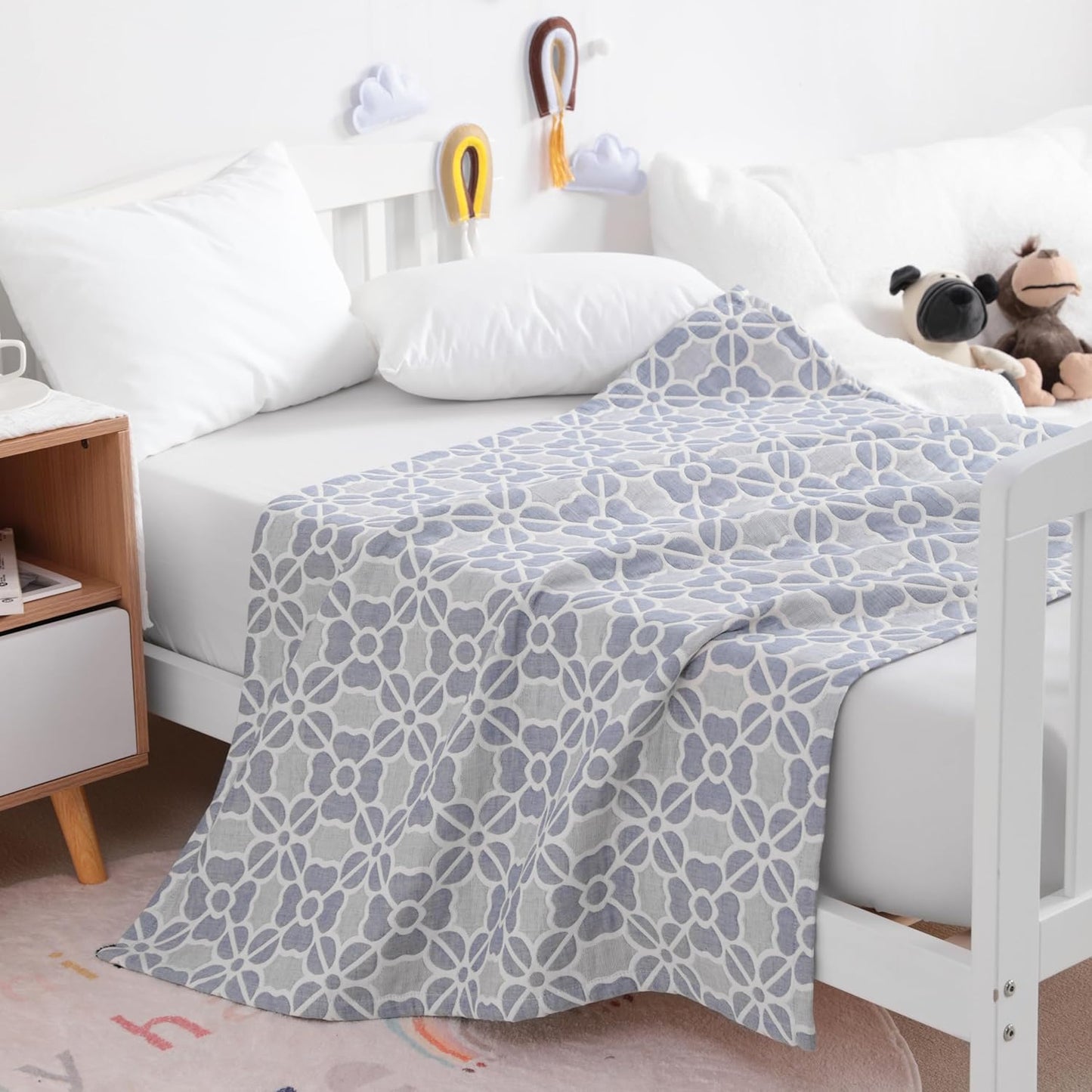NTBAY 3 Layer Toddler Blanket, Muslin Cotton Jacquard Bed Blankets, Lightweight Thermal Baby Blanket, Super Soft and Warm Crib Blanket for All Seasons, Decoration Gift, 30"x40", Blue Clover