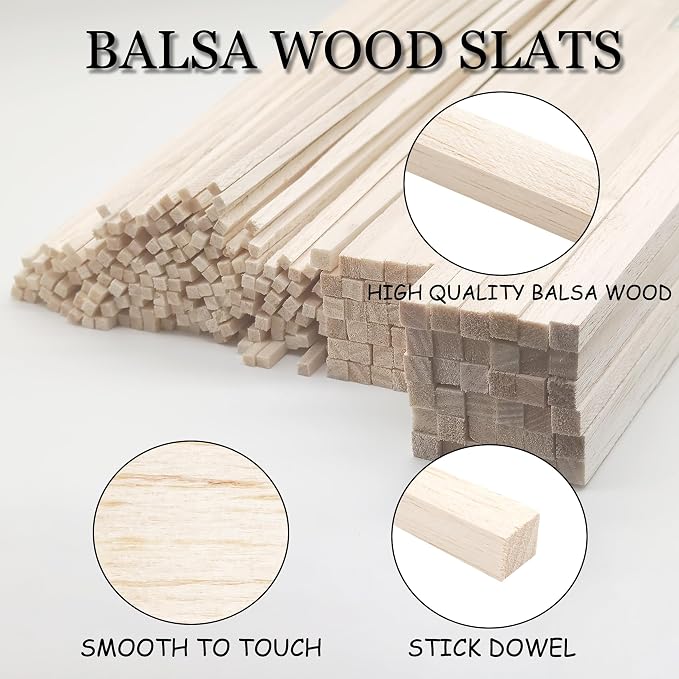 222Pcs Balsa Wood Sticks, Wood Strips Balsa Square Wooden Dowels Hardwood