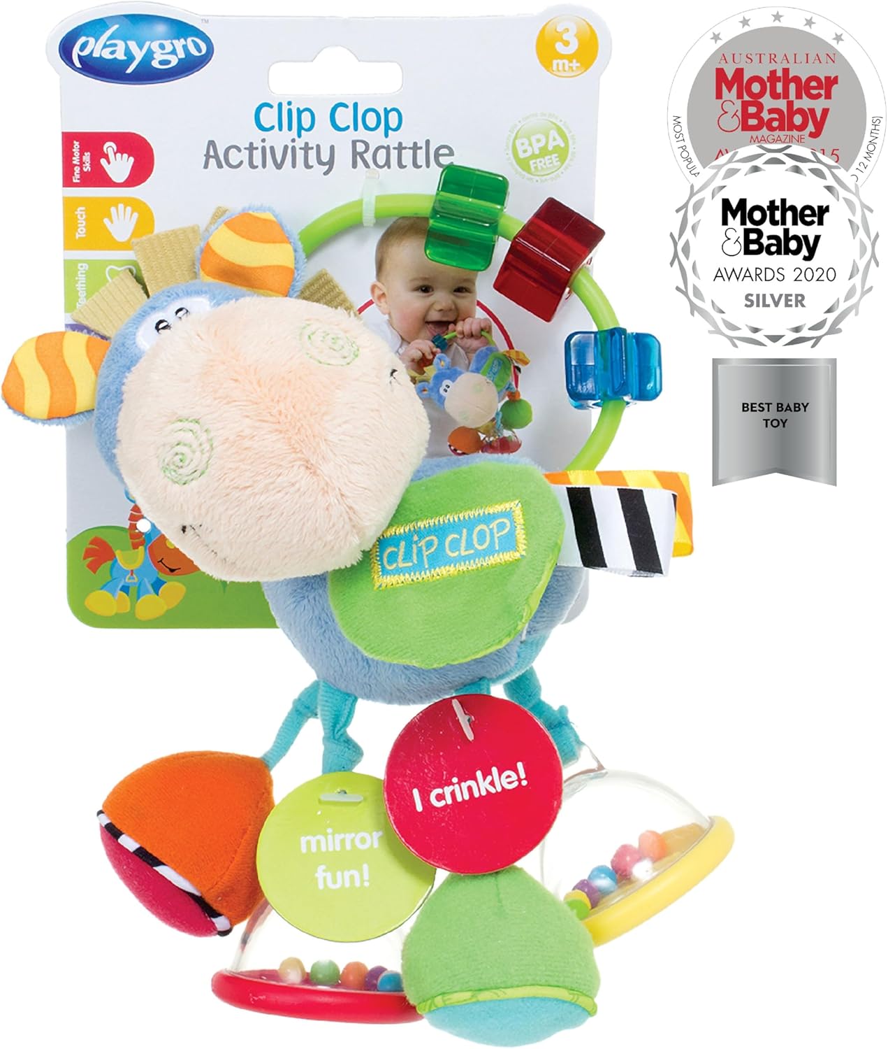 Playgro Soft Baby Toys 3-6-12 Months Developmental, 3+ Months Rattles Teething Toys for Babies, Newborn & Infant Sensory Non-Toxic Plush Baby Rattle Clip Clop Activity Gift (Blue Clip Clop)