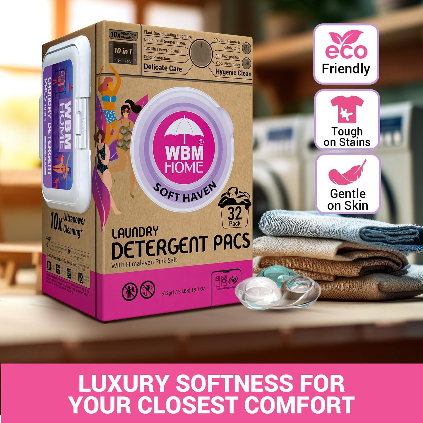WBM Laundry Pods, 32 Count | Specially Designed for Undergarments With Soft Heaven Fragrance | Laundry Detergent Pods Formulated With Plant-Based Formula and Gentle Stain Remover