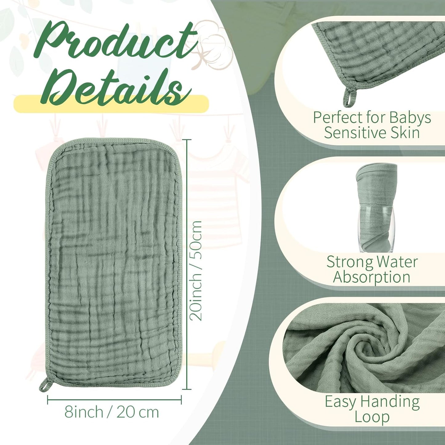 VitalCozy 6 Pcs Baby Muslin Hooded Bath Towels and Washcloths, 32 x 32 Inch Muslin Cotton Hooded Baby Towels Absorbent Blankets for Gift Newborn Infant Shower(Green, Gray)