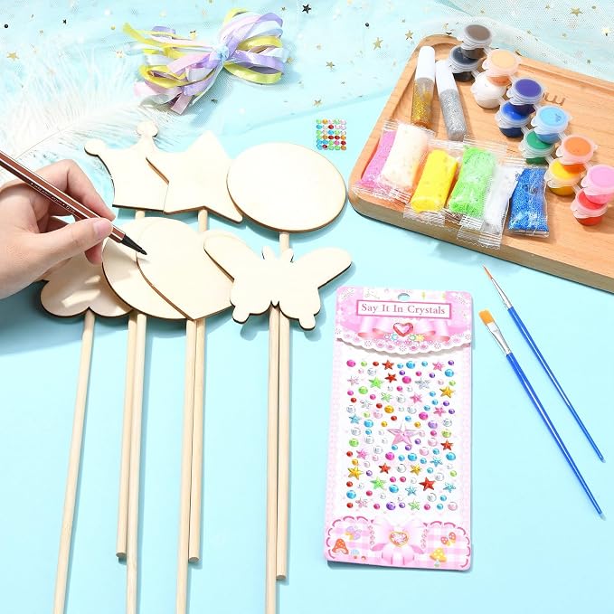 14 pcs Princess Wand Theme Undyed Wooden Cutouts Flower Crown Butterfly Star