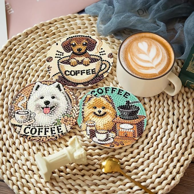 Clendo 8 PCS Coffee Dog Diamond Art Coaster Kits
