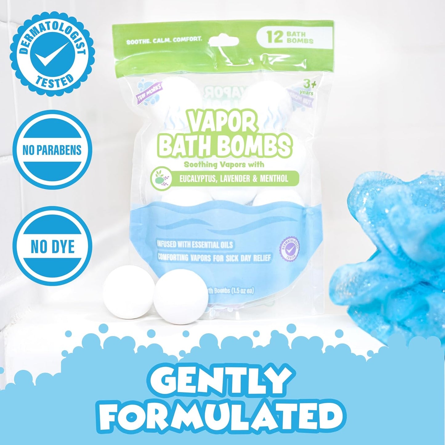Tub Works® Vapor Bath Bombs for Toddlers & Kids, 12 Pack | Natural Essential Oils for Aromatherapy | Calming Eucalyptus Bath Bomb with Lavender & Menthol for Cold, Flu & Congestion Relief