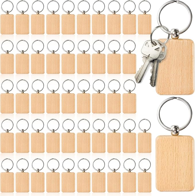 WRINGKIT 50 Pieces Wood Keychain Blank, Unfinished Laser Engraving Blanks