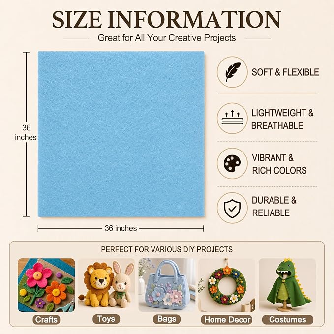 Baby Blue Large Felt Fabric 36" x 36", 1.4 mm Soft Felt Sheet, Nonwoven Fabric