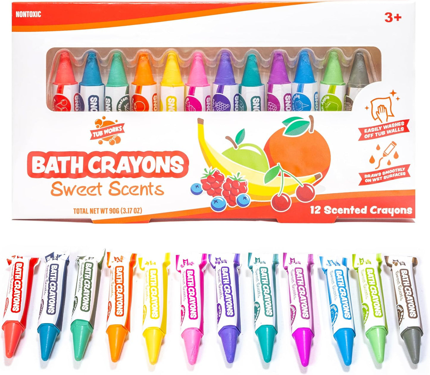 Tub Works® Sweet Scents Smooth™ Bath Crayons Bath Toy, 12 Pack | Nontoxic, Washable Bath Crayons for Toddlers & Kids | Unique Formula Draws Smoothly & Vividly on Wet & Dry Tub Walls | Scented Crayons
