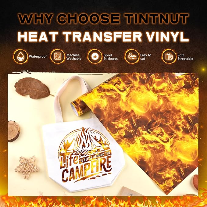 Tintnut Orange Flame Heat Transfer Vinyl Roll, stretch washable, works well