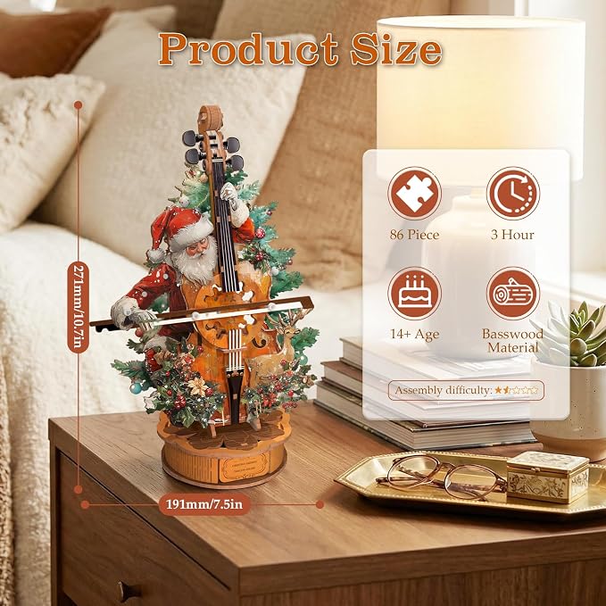 3D Wooden Puzzles for Adults, Christmas Cello Music Box, DIY Cello Model Kit