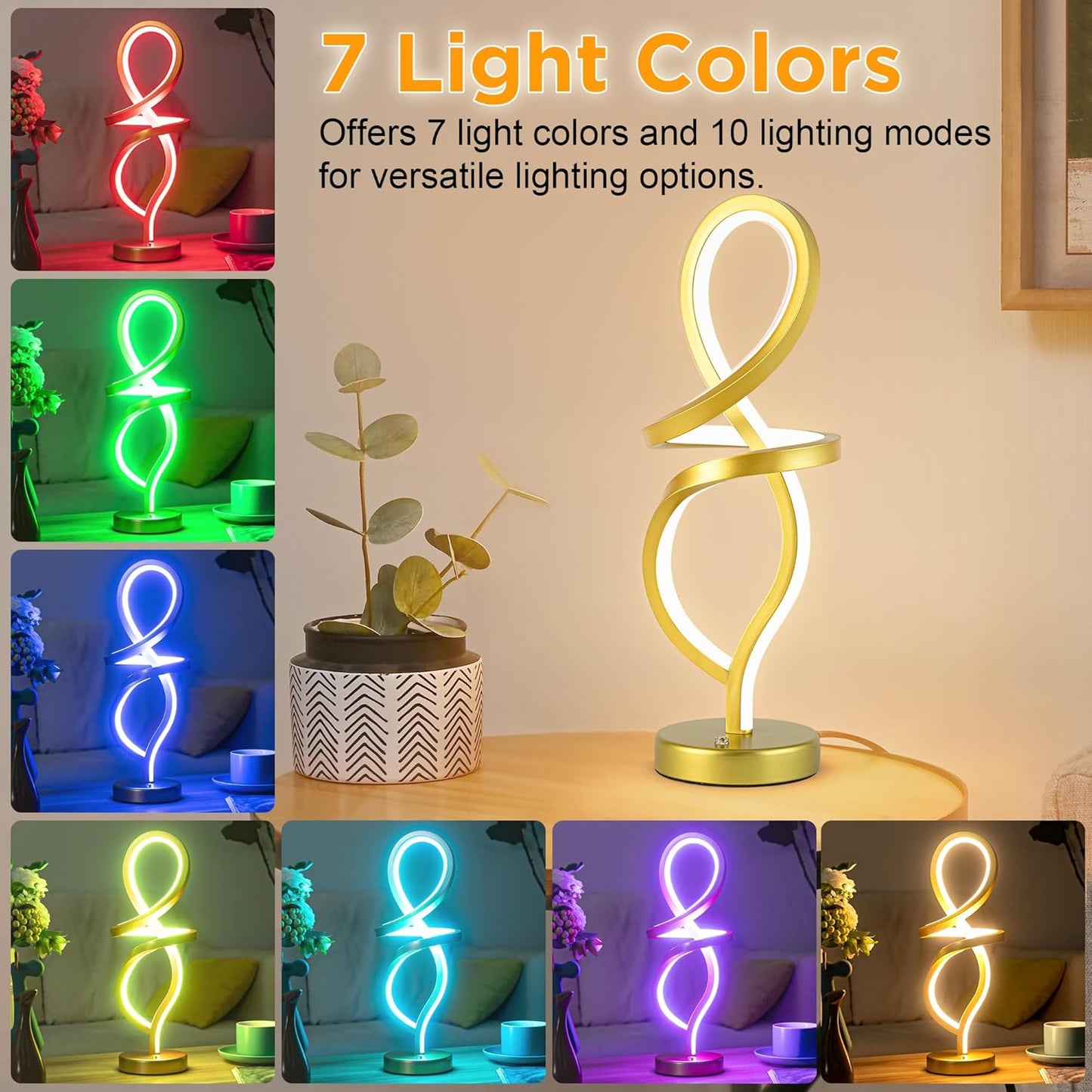 Mayful Modern RGB Table Lamp with LED Spiral Design, Gold Bedside Lamp & Nightstand Lamp, Touch Dimmable with 7 Colors & 10 Modes for Bedroom, Living Room, Home Office, 15W