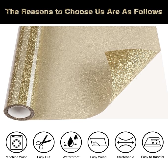 Champagne Glitter HTV Heat Transfer Vinyl Roll 12inch x 5 ft