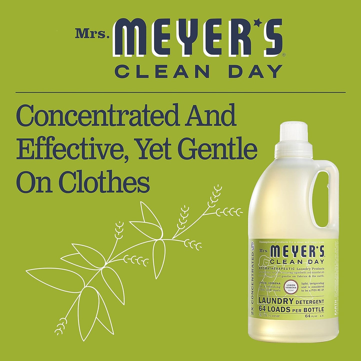 MRS. MEYER'S CLEAN DAY Liquid Laundry Detergent, Infused with Essential Oils, Lemon Verbena, 64 oz - Pack of 2 (128 Loads)