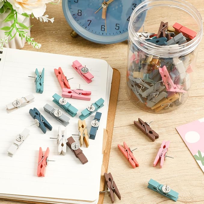 SANNIX 100Pcs Wooden Push Pin Clips, Morandi Wooden Clips