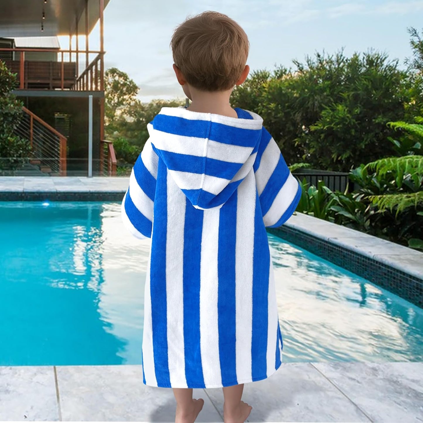 VOOVA & MOVAS Toddler Poncho Towels with Hood, Oversized (2-4Years,22"X22") Made from 100% Soft Cotton,Absorbent Hooded Towels for Baby Boys,Perfect for Pool | Swimming | Bath | Beach,Blue Stripe