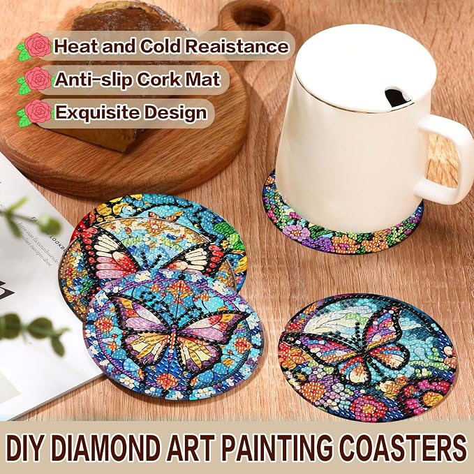 Axquilon 8 Pack Butterfly Diamond Art Coasters Kit