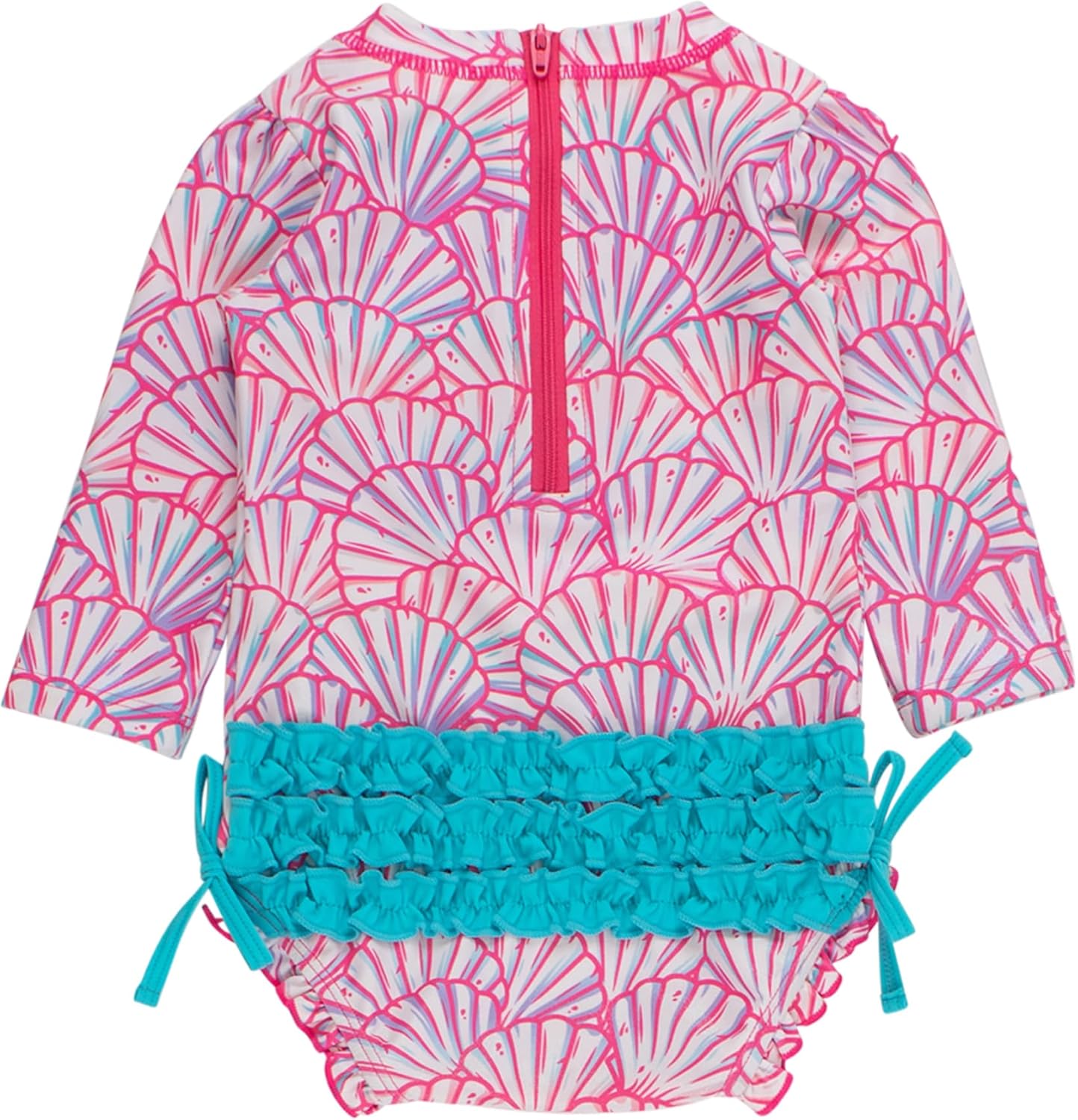 RuffleButts Baby Girls UPF 50+ Sun Protection Novelty Print Long Sleeve One Piece Rash Guard Swimsuit with Zipper