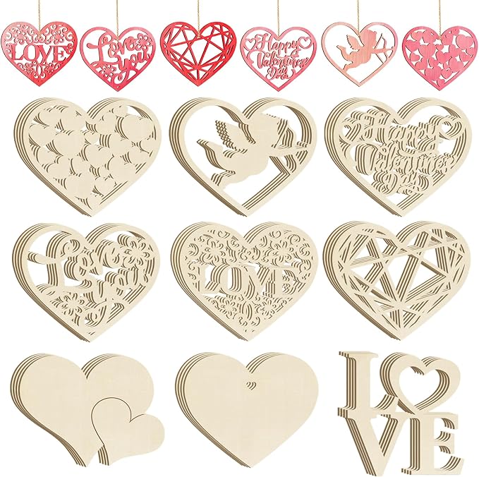 36PCS Wooden Heart Ornaments to Paint Valentine's Day Craft, 9 Styles DIY Blank