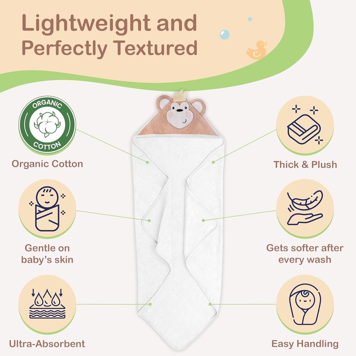 Mother's Choice Baby Hooded Towel - Large Size Cotton, Ultra-Soft & Absorbent Bath Towel for Newborns, Infants, Toddlers, Boys & Girls with Animal Hood (Monkey)