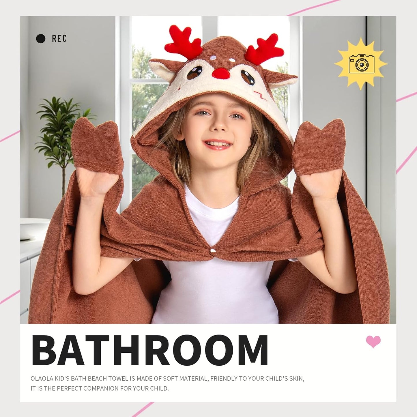 OLAOLA Reindeer Hooded Towel for Kids 3-12 Years, 28" x 53" Soft Thick Absorbent Beach Towels, Toddler Bath Towel Wrap Swim Pool Towels Poncho for Boys Girls