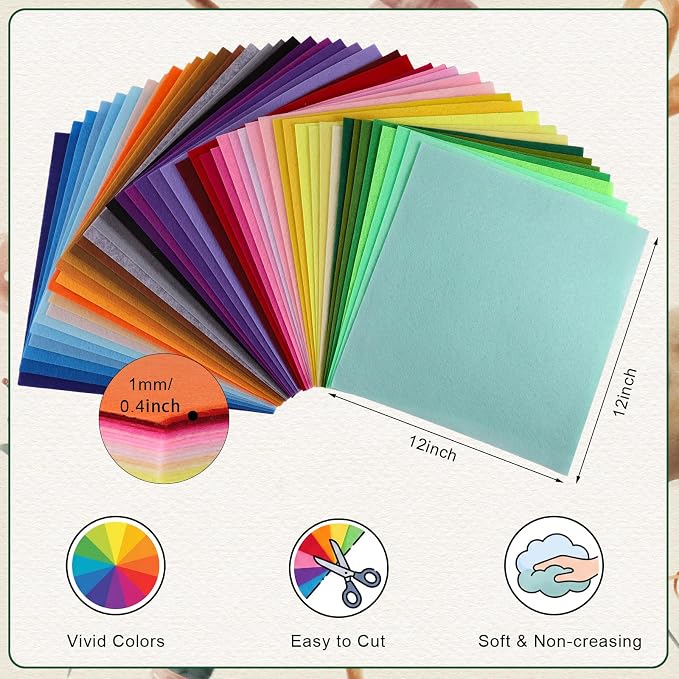 46 Pcs Felt Fabric Sheets, 12 x 12 Inch 46 Colors Felt Pack, 1 mm Thick | Soft