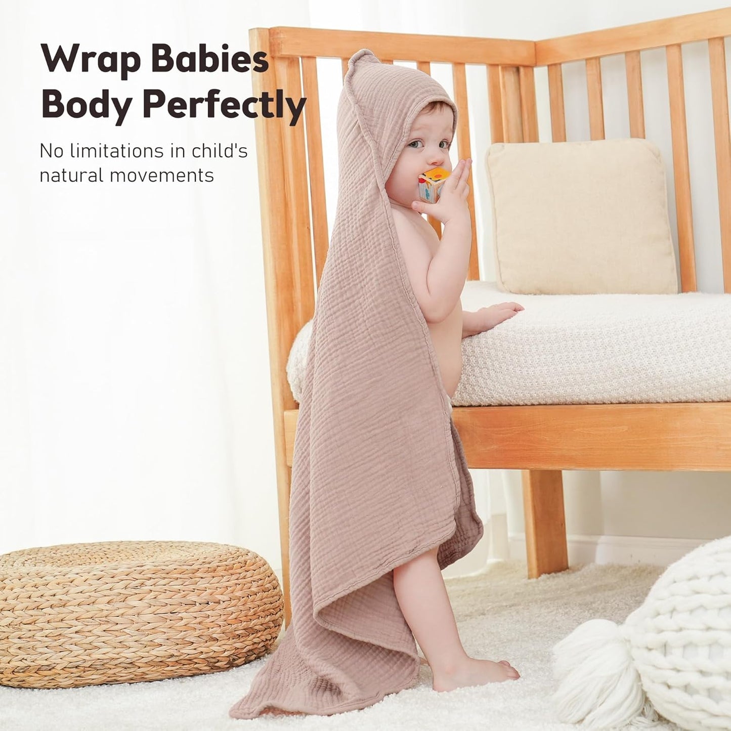 Susurration Hooded Baby Towels for Newborn 2 Pack 100% Muslin Cotton Towel for Babies，Highly Absorbent and Newborn Essential 30x30 Inch Pink Star&Sand