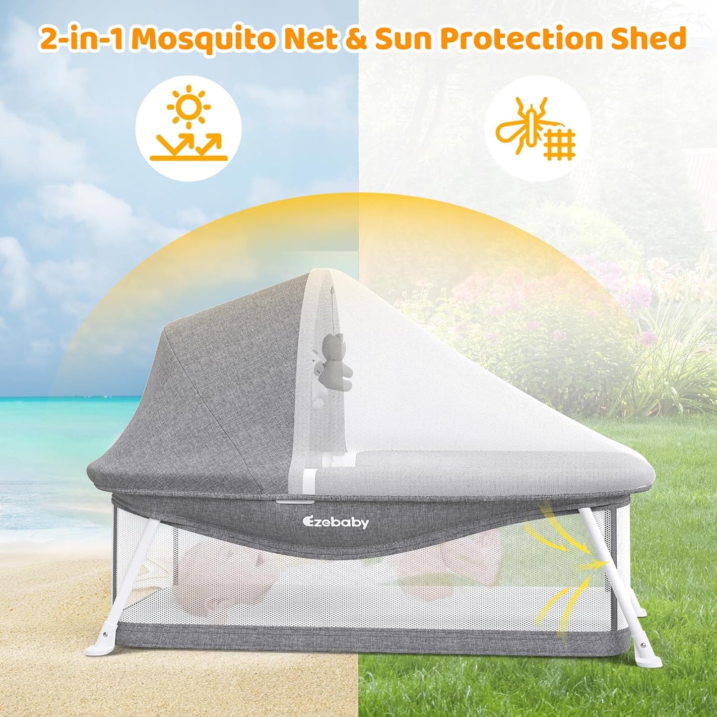 Ezebaby Portable Travel Bassinet for Baby 0-5 Months, Foldable Newborn Bassinet Baby Bed Infant Crib with Padded Mattress, Canopy, Mosquito Net, Carrying Bag