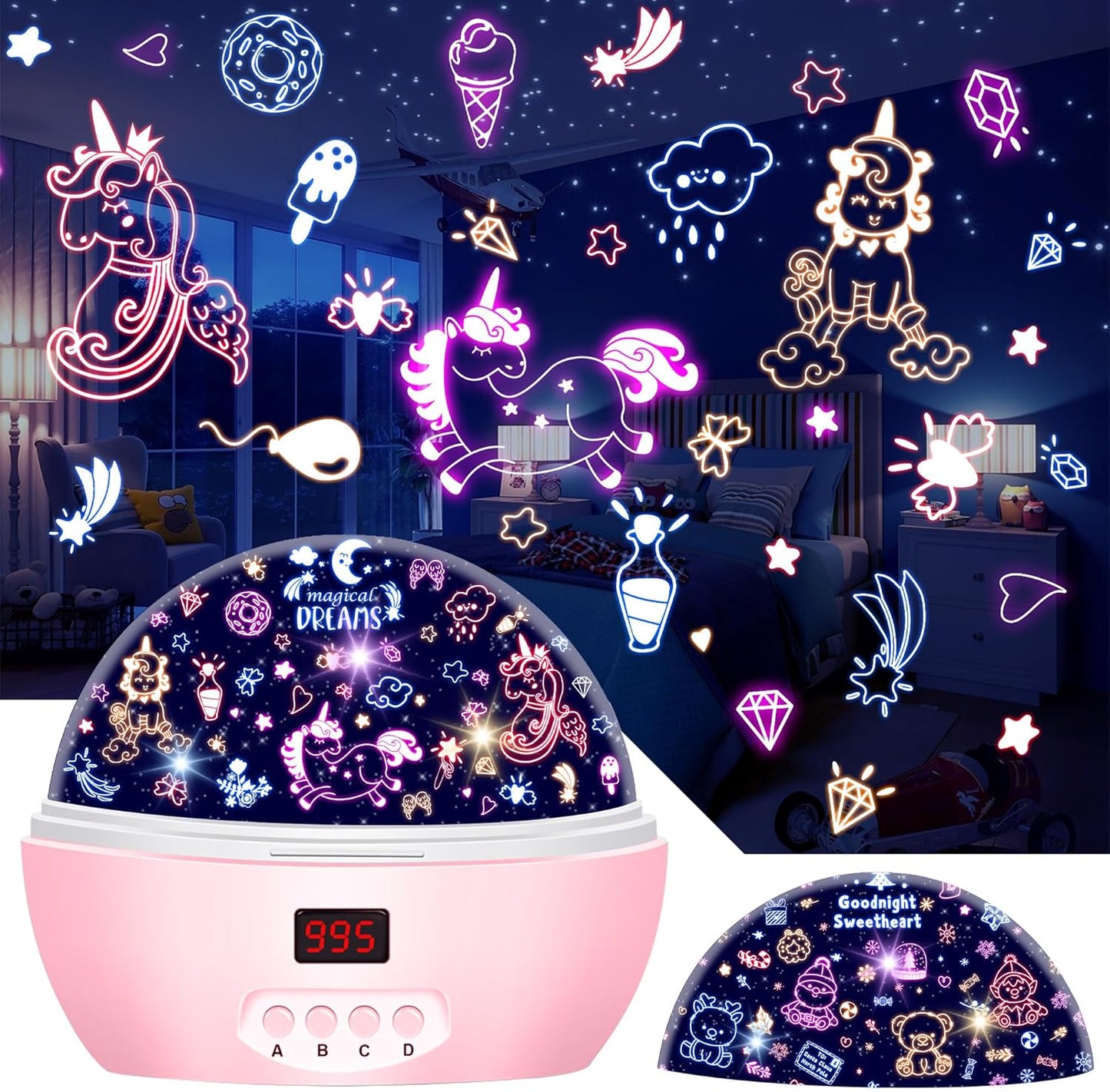 Kid Unicorn Night Light for Girls, and Baby Bear Night Lights Rotating Light Projector with Timer Color Changing Birthday Gifts for 3-5-10 Year Old Girls