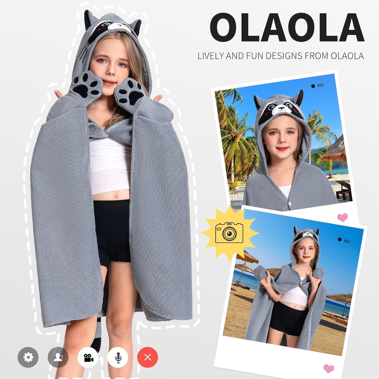 OLAOLA Raccoon Hooded Towel for Kids 3-12 Years, 28" x 53" Soft Thick Absorbent Beach Towels, Toddler Bath Towel Wrap, Swim Pool Towels Poncho for Boys Girls
