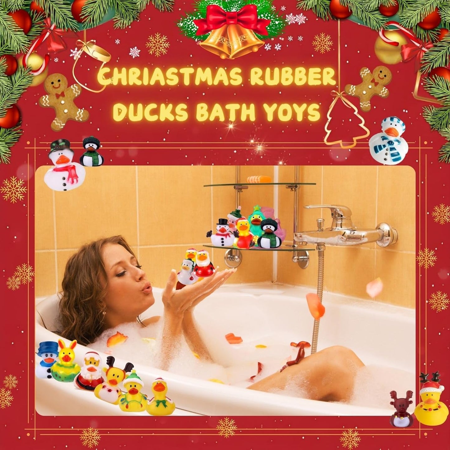 52Pcs Christmas Rubber Ducks in Bulk, Assortment Christmas Rubber Ducks for Jeeps,Xmas Theme Party Favors Decor Gifts for Christmas Stocking Stuffers,Shower Pool,Classroom Gift Exchange (52)