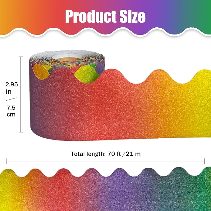 70Ft Shine Rainbow Bulletin Board Borders，Scalloped Poster Boards Decorations