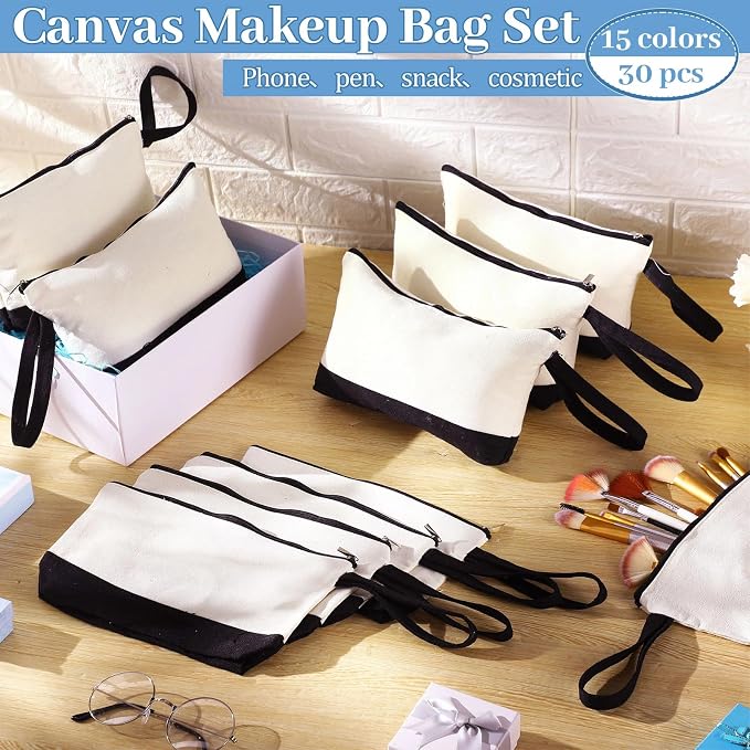Silkfly 30 Pcs Cotton Canvas Makeup Bags Cosmetic Zipper Bags 10.2 x 5.5 x 2''