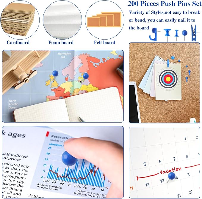 BESARME 200 Pcs Push Pins for Bulletin Board, Thumb Tacks for Cork Board | Blue