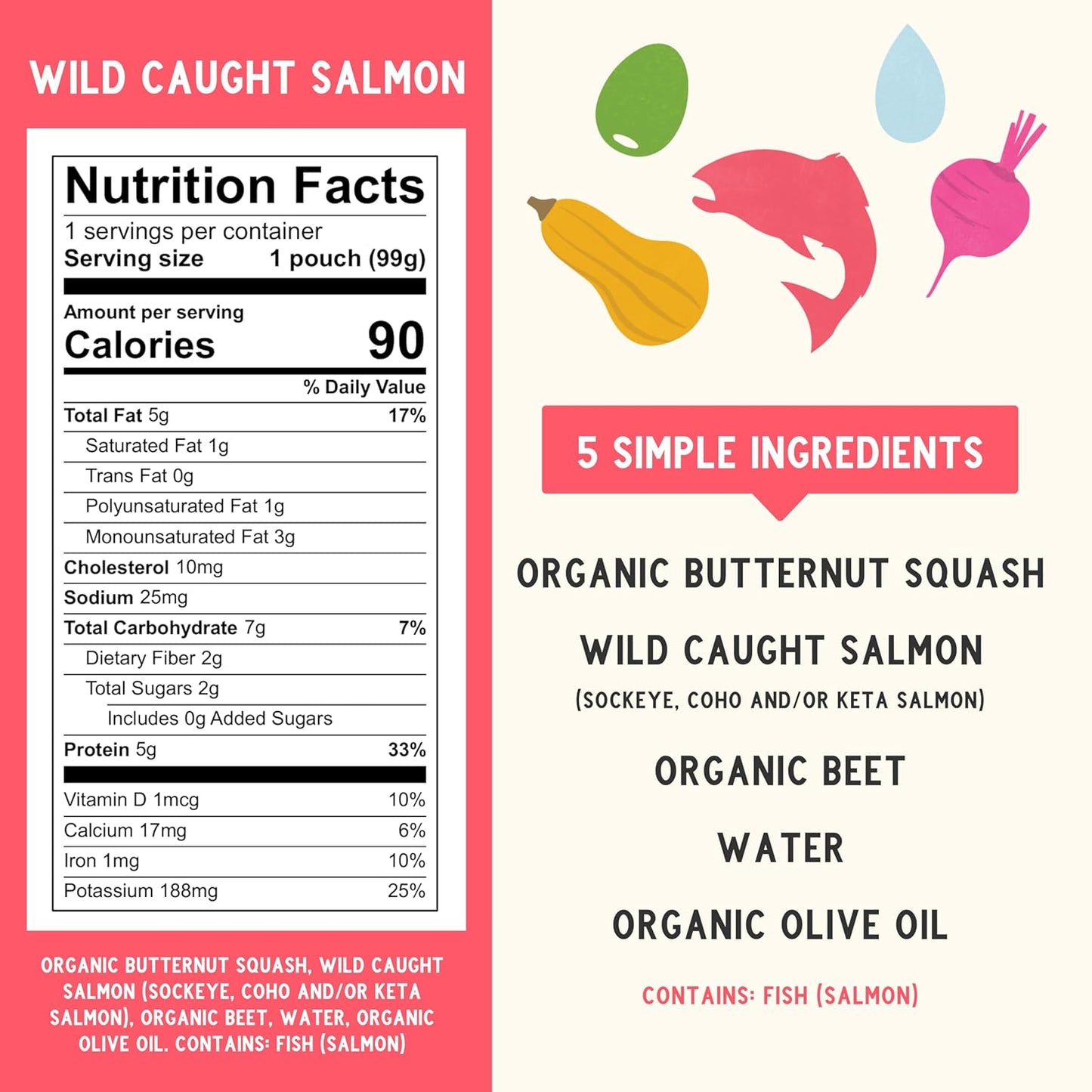 Serenity Kids 6+ Months Baby Food Pouches Puree Made With Ethically Sourced Meats & Organic Veggies | 3.5 Ounce BPA-Free Pouch | Wild Caught Salmon, Butternut Squash, Beet | 1 Count