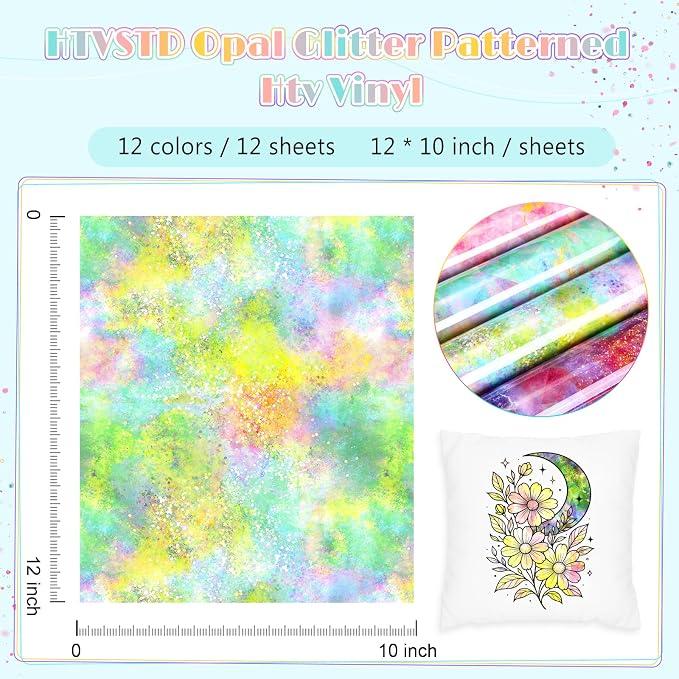 HTVSTD Opal Glitter HTV Heat Transfer Vinyl 12Sheets 12×10in Iron on Vinyl |