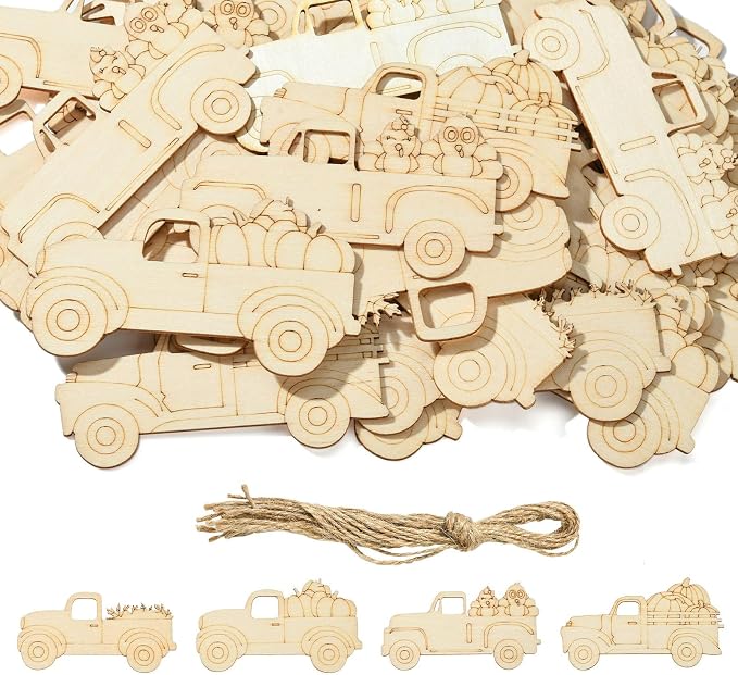 32 pcs Pumpkin Carriage Theme Undyed Wood Cutout Charms Car Vehicle Halloween