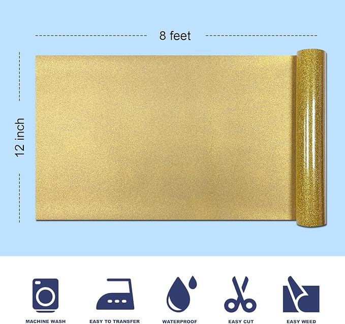 Glitter Iron On 12in X 8ft, HTV Heat Transfer Vinyl | Glitter HTV Easy to Cut &