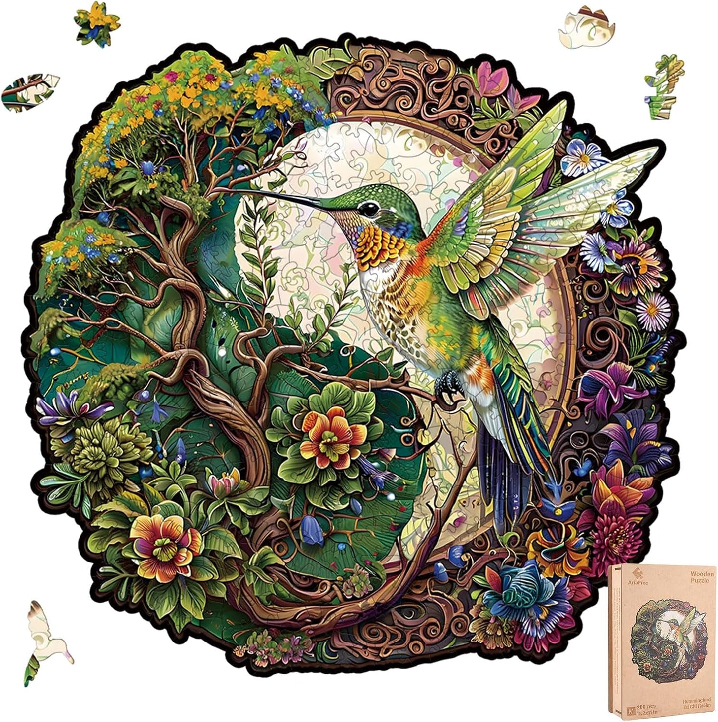 Wooden Jigsaw Puzzle for Adults - Hummingbird Tai Chi Unique Animal Shaped, 11.2x11in, 200 Pieces, Zen Art, Challenging and Fun Gift