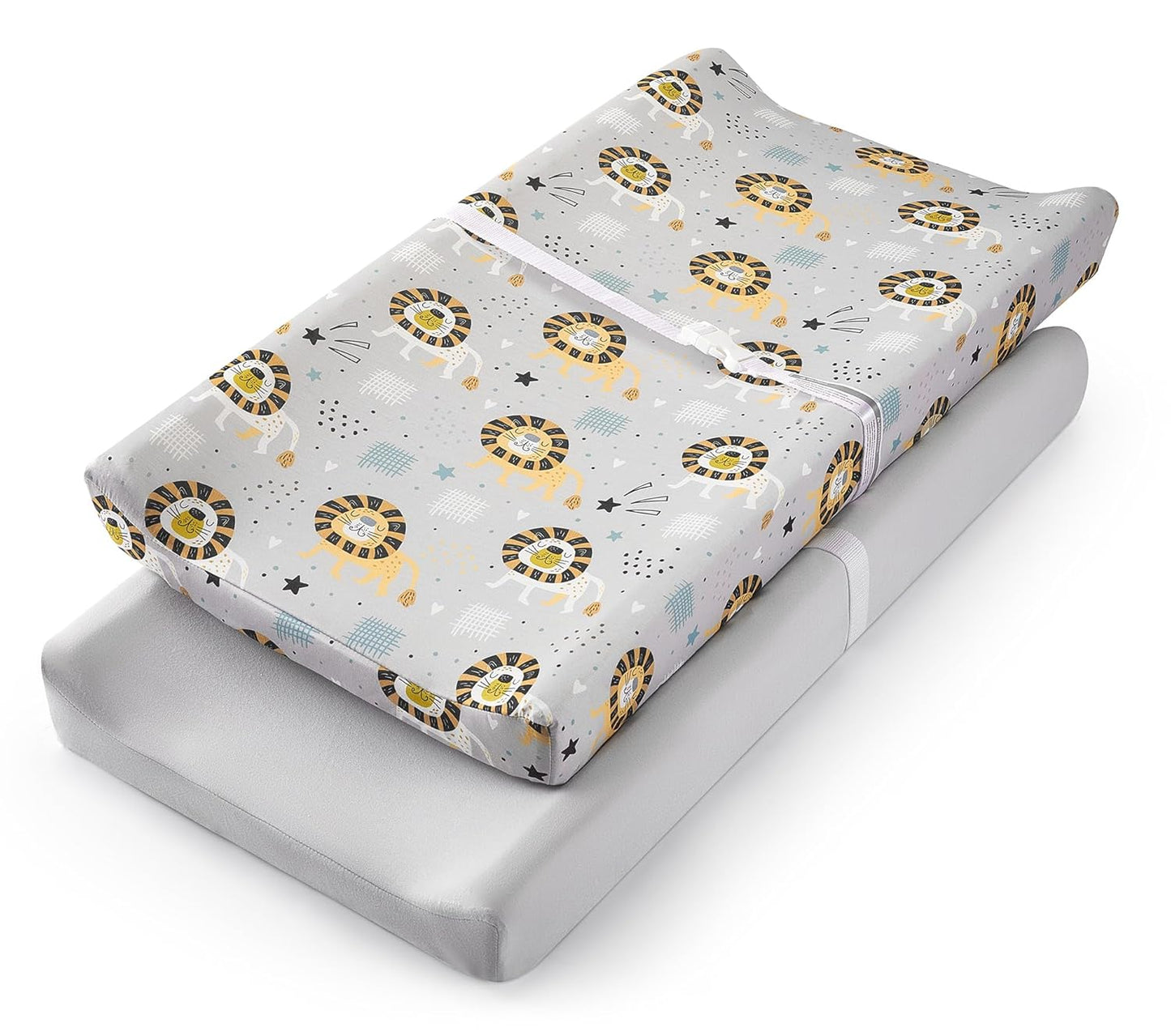 TILLYOU Changing Pad Cover Set in Soft Jersey Material - Fits 32"/34''x16 Contoured Pad for Babies, Lion's Paradise and Grey