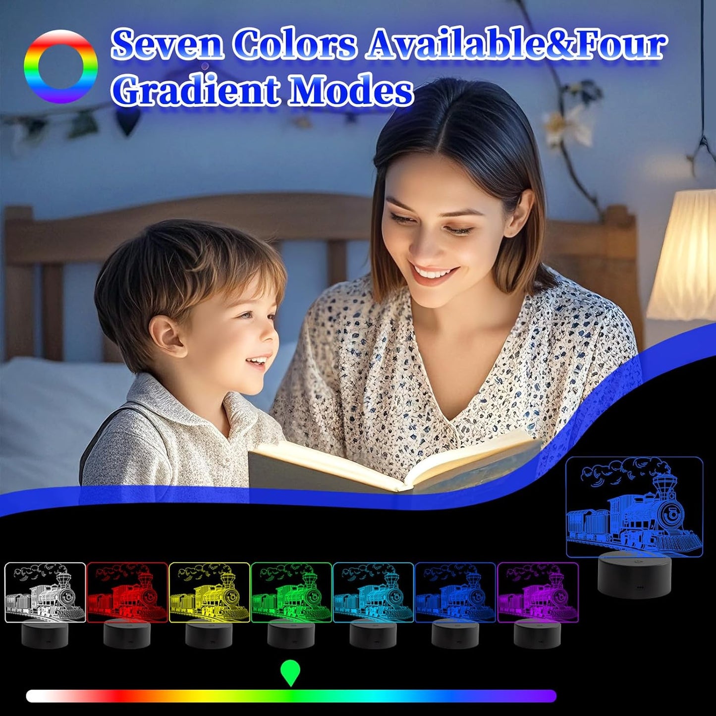 Train Night Light, 3D LED Night Lamp for Boys - Trains Themed Bedroom Lamps, Optical Illusion Lamp with Remote Control, Perfect for Kids' Room Décor, Cool Gifts for Trains Lovers(Steam Train 2)