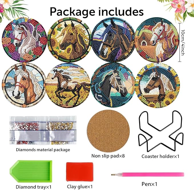 Zythron 8 Pack Diamond Art Coasters, Horse Diamond Painting Coasters Kits |