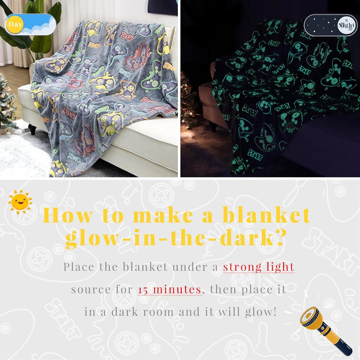 Gaming Toys Gifts for Teen Boys - Glow in The Dark Gaming Blanket Gamer Game Controller Throw for Kids Birthday Presents for Boys Age 8 9 10 11 12 13 14 15 Year Old Gamer Room Decor 50"x60"