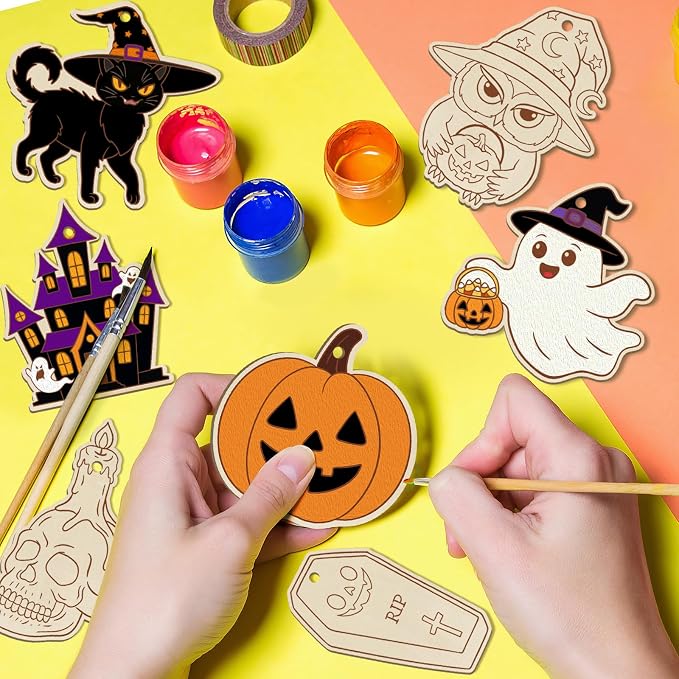 80PCS Wooden Halloween Ornaments to Paint Fall Decorations Crafts