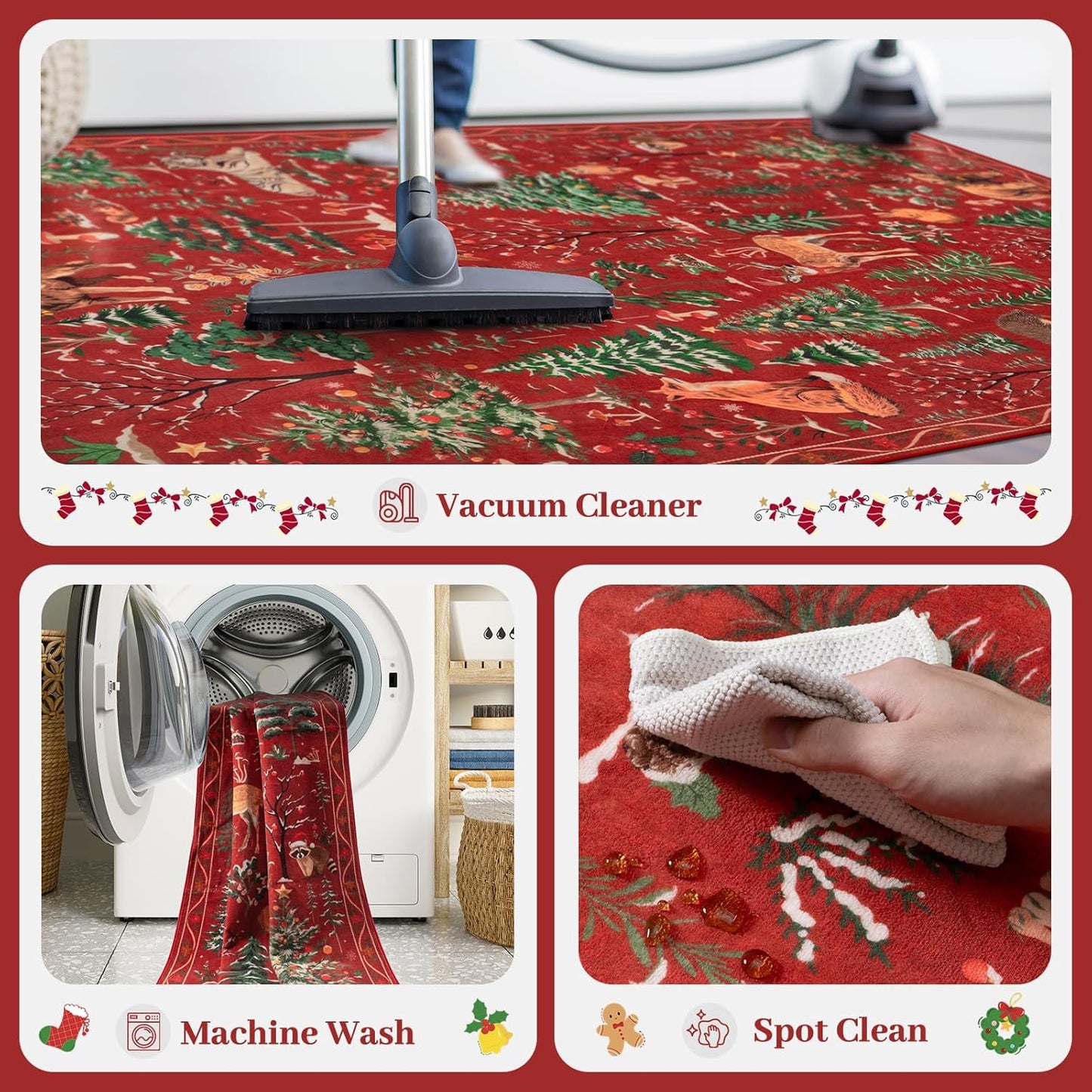OJIA Christmas Rugs 5x7 Washable Rugs for Living Room, Xmas Red Holiday Rug Soft Animal Bedroom Carpet Ultra-Thin Entryway Rug, Non-Slip Throw Carpet for Kids Nursery Playroom Dining Room