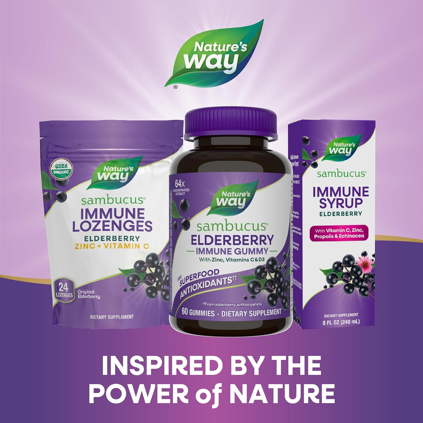 Nature's Way Sambucus Elderberry Immune Support Gummies for Kids & Adults* with Black Elderberry Extract, Vitamin C, Vitamin D3, and Zinc, 60 Gummies (Set of 3)