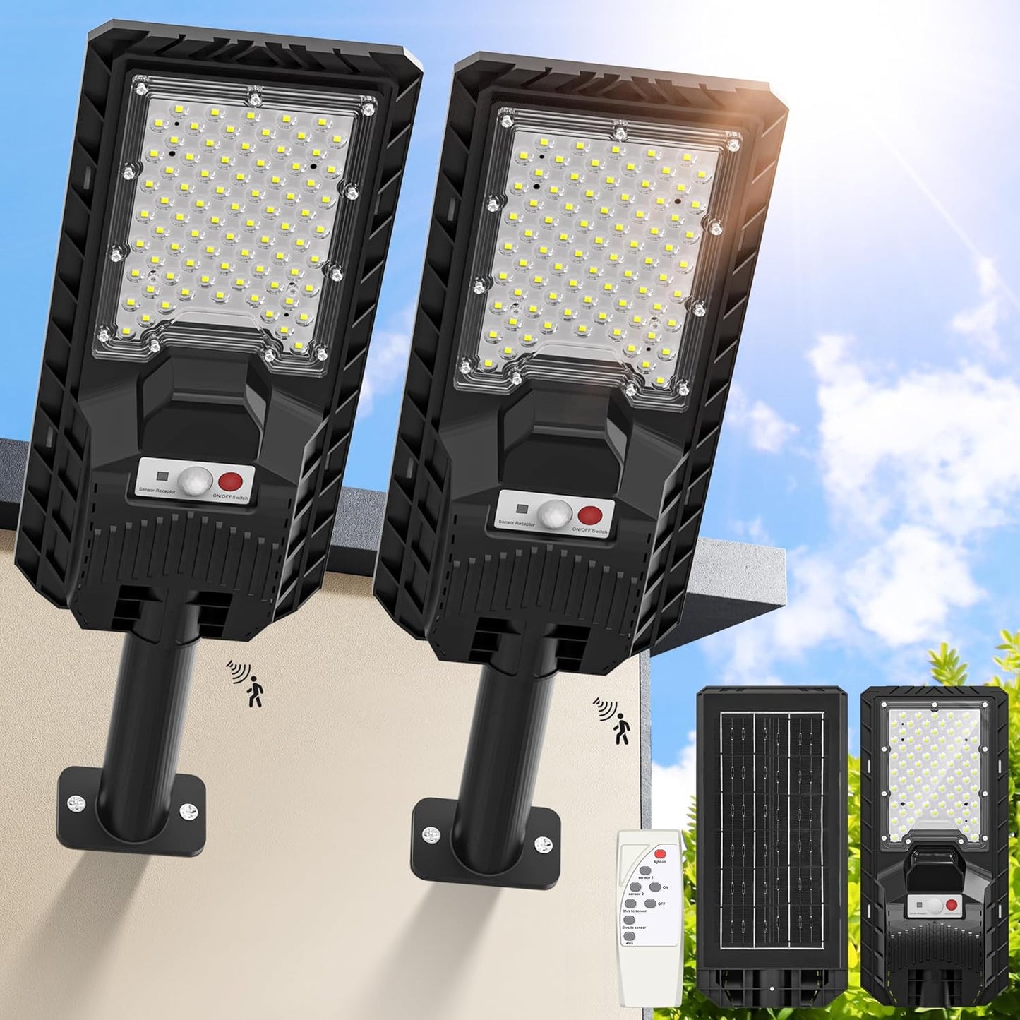 Solar Lights Outdoor Waterproof - 6500K Solar Street Lights Outdoor IP66 Waterproof LED Flood Light with Motion Sensor and Remote Parking Lot Lights Dusk to Dawn for Backyard/Outside/Garage 2Packs